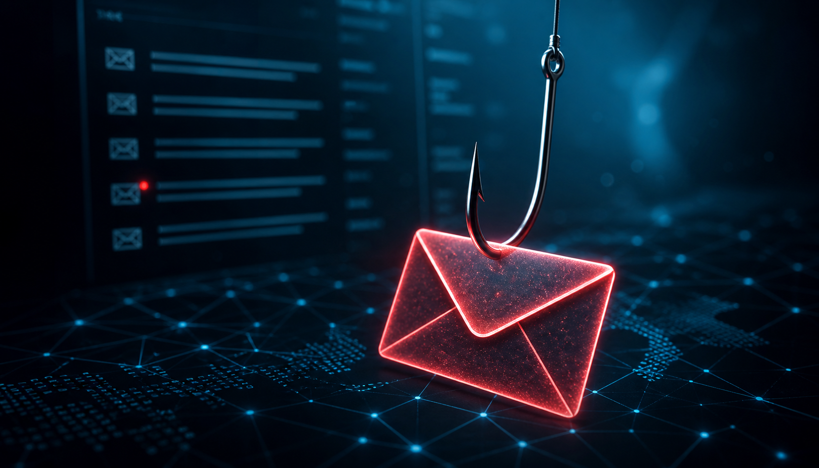 Phishing defense training concept with a digital hook targeting an email